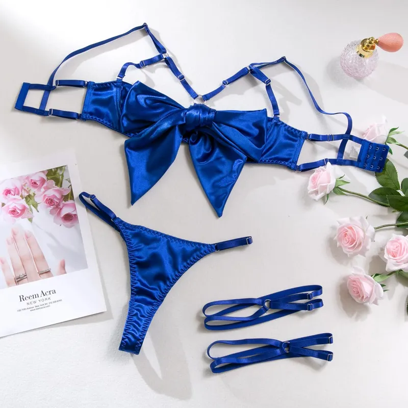 Sexy Solid Stain Lingerie Set Women's Hollow Out Bow Lace Up Exotic Apparel Suit Pure Desire Style Uniform Underwear Bra & Brief