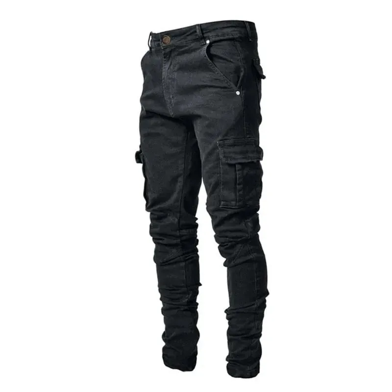 Men's street stretch denim jeans washed solid color multi pocket work pants casual slim fit daily wear jogging pants mid wa
