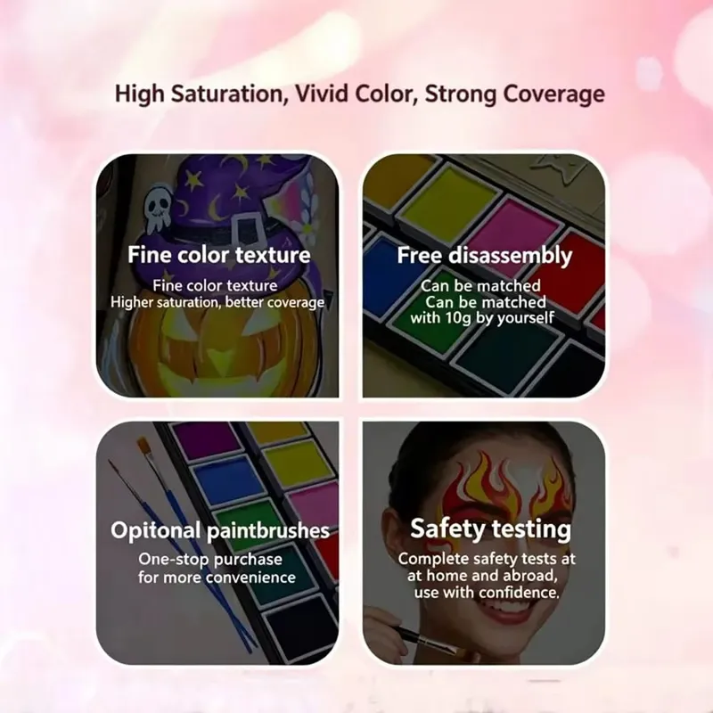 Professional Body Art 12 Colors Pastel Neon UV Color Rainbow Split Cake Face Paint Palette for Halloween Christmas
