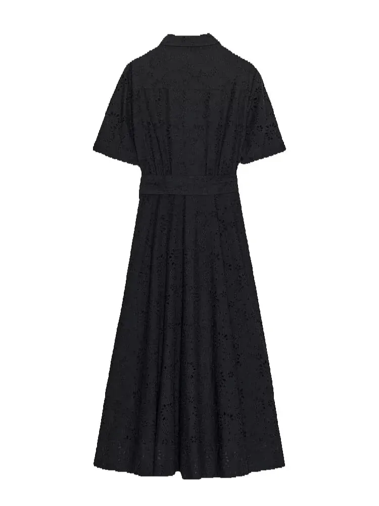 Chic Solid Short Sleeve Lapel Long Dress For Women Elegant Single Breasted Waist Maxi Dress Lady Holiday Evening Party Vestidos — image 7