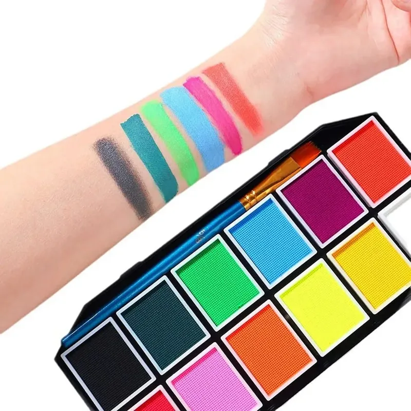 Professional Body Art 12 Colors Pastel Neon UV Color Rainbow Split Cake Face Paint Palette for Halloween Christmas