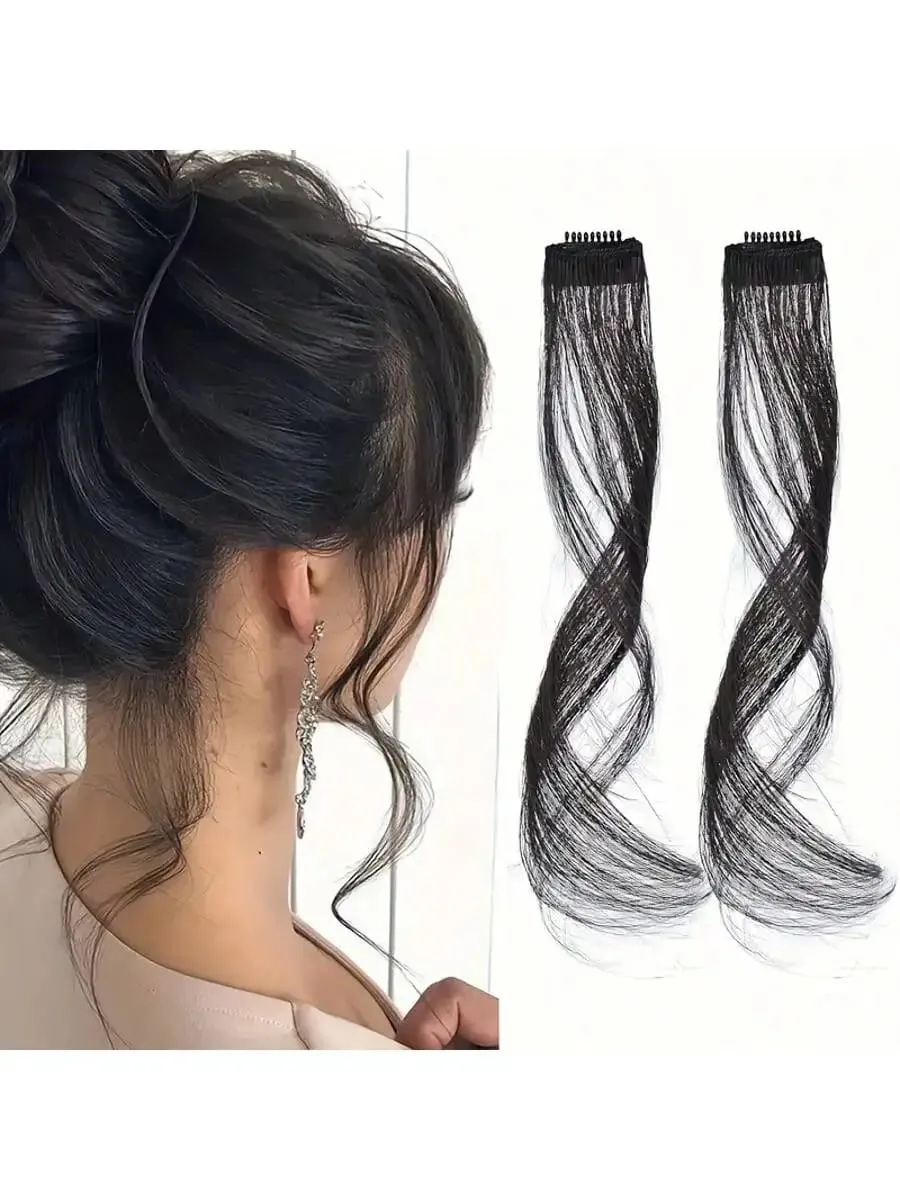 Long Side Air Bangs 2 PCS Synthetic Set Wavy Curly Clip in Curtain Bangs Front Side Bangs Face-Framing Highlights for Women
