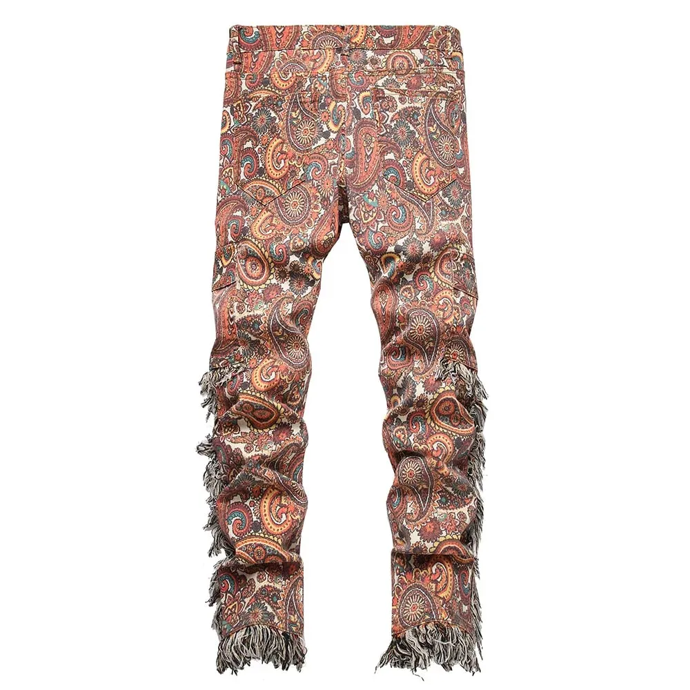 Men Bandana Print Pants Plus Size Multi Pockets Cargo Jeans Fashion Tassels Paisley Bandanna Trousers — image 2