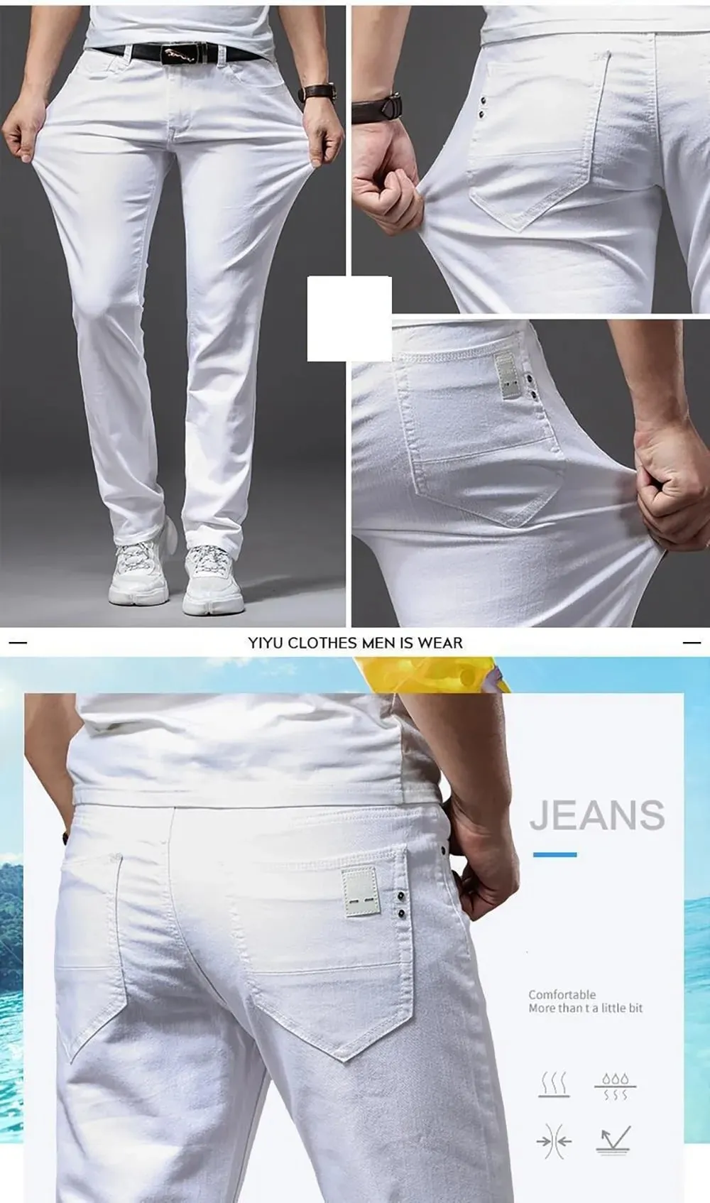 Men White Jeans Elasticity Straight Slim Fit Casual Soft Business Classic Brand Trousers Fashion Advanced Stretch Denim Pants — image 9
