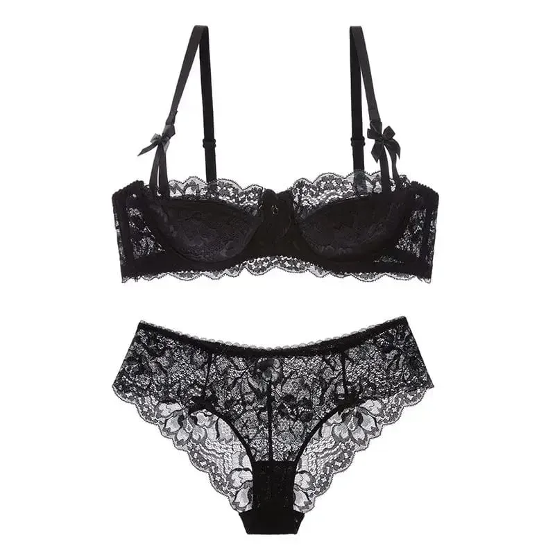 Rabbit Ear AB Cup Pure Desire Girl Bra Set | Pull-up Bra with Bow | Breathable French lace Bra | Anti-slip Cup Date Night — image 10