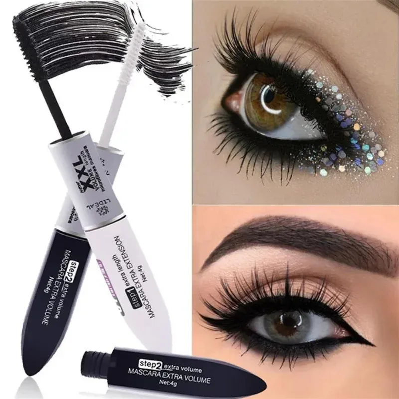 Ultrasort dobbeltendet mascarafiberforlængende og volumengivende langtidsholdbar øjenmakeup med sorte og hvide børstehoveder