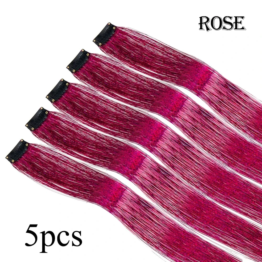 Wholesale 5Pcs/Pack Sparkling Shiny Hair Extensions Clip In Sparkle Shiny Hair Tinsel Rainbow Shiny Sparkle Hair Tinsel Pink/Red