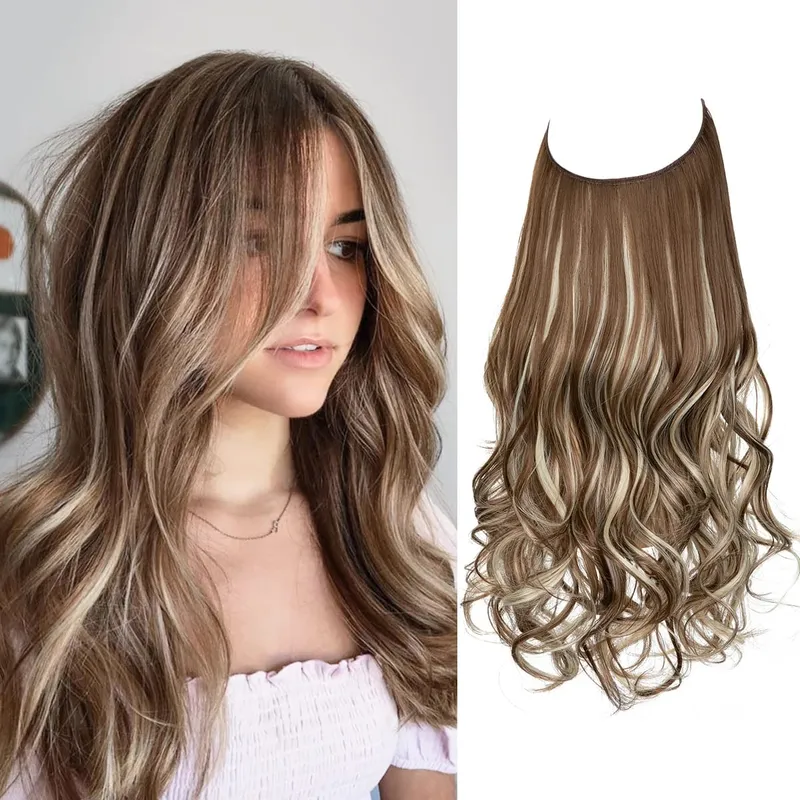 Synthetic No Clip Wave Hair Extensions Ombre Natural Blonde One Piece False Hairpiece Fish Line Fake Hair Piece