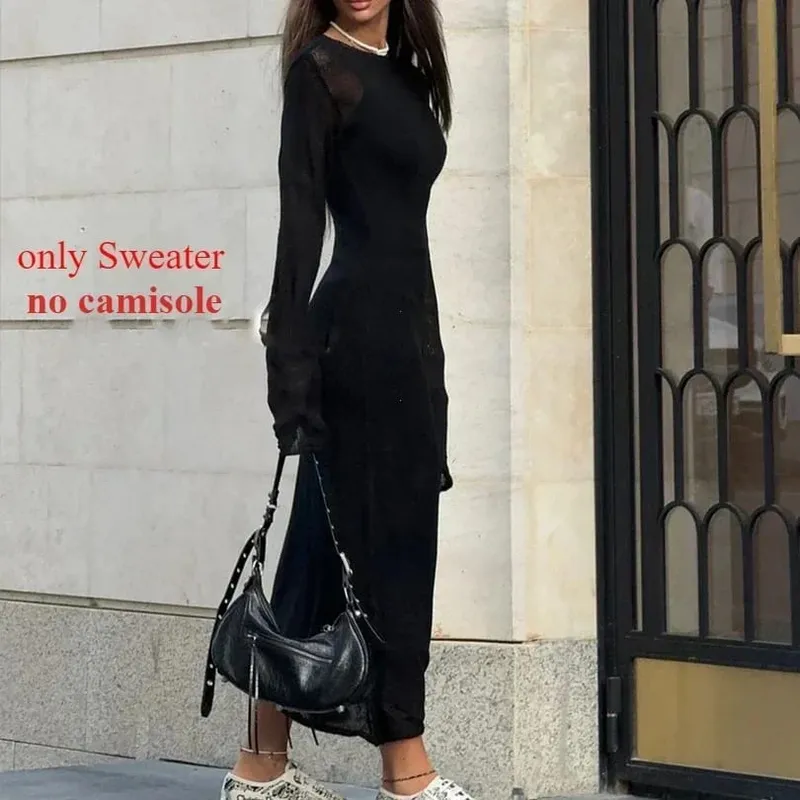 Spring Autumn O-Neck Elastic Knit Long Dresses Women 2024 Elegant Chic Soft Lady Hollowing Sweater Dresses Femme New