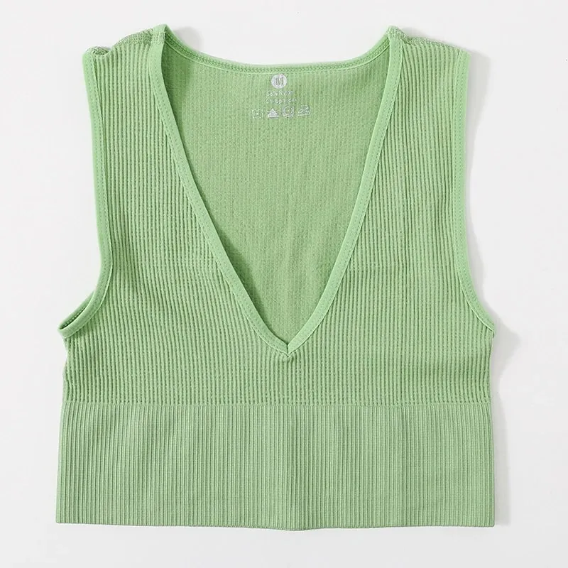 Deep V-Neck Wome Crop Top Solid Color Slim Fit Tank Stretchy Sleeveless Vest Casual Ribbed Knit Bra Top Low Cut Camisole M-XL — image 10