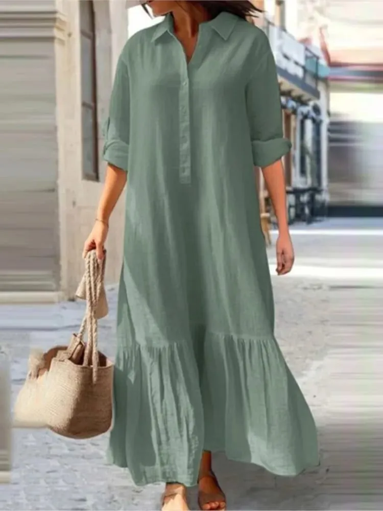 Cotton Linen Long Dress Women Long Sleeve Button Solid Color Casual Ruffles Loose Dresses Spring Autumn Comfortable Shirt Dress — image 3