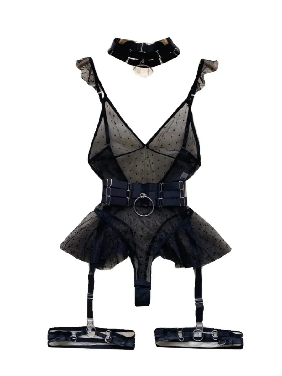 ssTss Ins trendy Girl Sexy Mesh Bottom Strap V-neck one-piece Top bodysuit women's Slimming Waist Ruffle Hemp Vest Jumpsuit — image 7