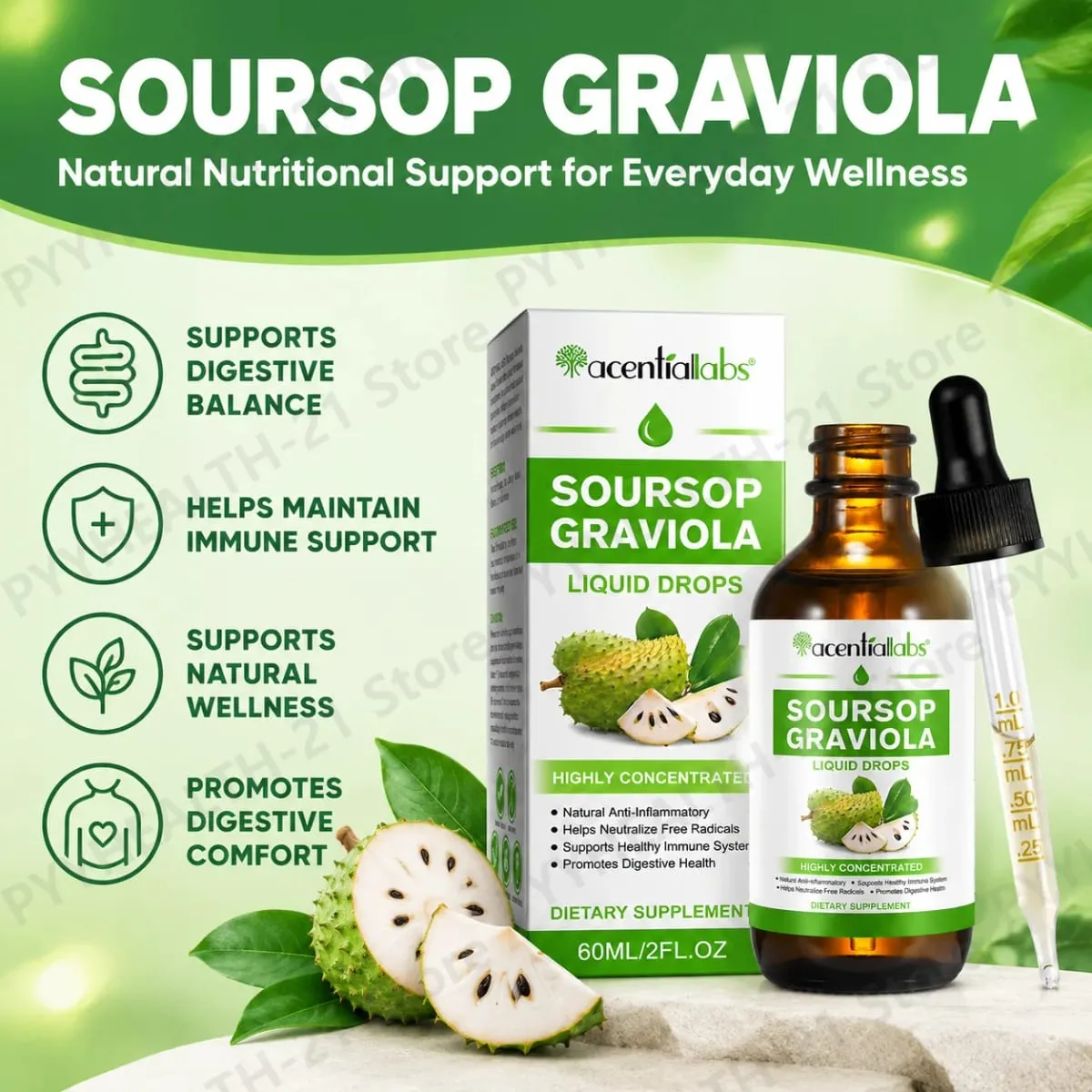 AcentiLabs Soursop Graviola Liquid Drops Vitamin C unterstützt die Verdauungsgesundheit, das Immunsystem und die Abwehr freier Radikale, 60 ml für Erwachsene — image 2