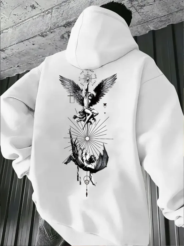Men's Gothic Angel & Tarot Print Hooded Sweatshirt - Longr Machine /Fall Layering (Tarot Card Design Regular Fit) - Ideal for Themed Events & Casual Attire Featuring Angel & Tarot Motifs Comfortable Knit Fabric and Versatile Streetwear Styl — image 7