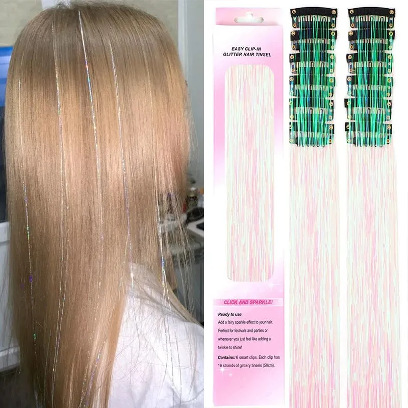 12Pcs Purple Clip in Tinsel Hair Extensions Hairpiece Colored Hair Tinsel Kit Party Highlights Hair Accessories for Women&Kids