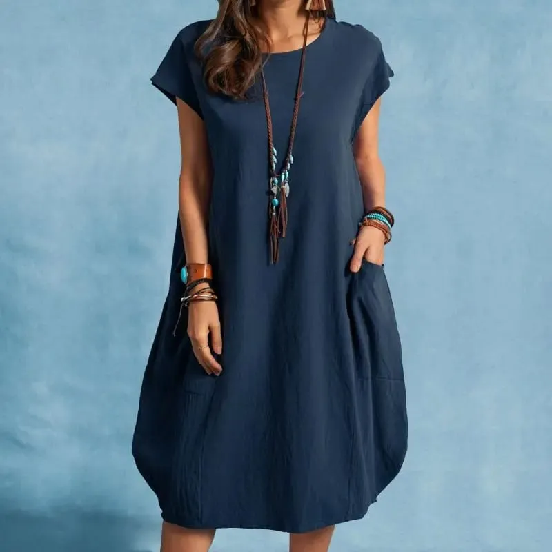 Spring and Summer Europe and the United States Amazon Stand Alone ebay Cotton Linen Loose Casual Pure Color Pocket Dress Ladies — image 6