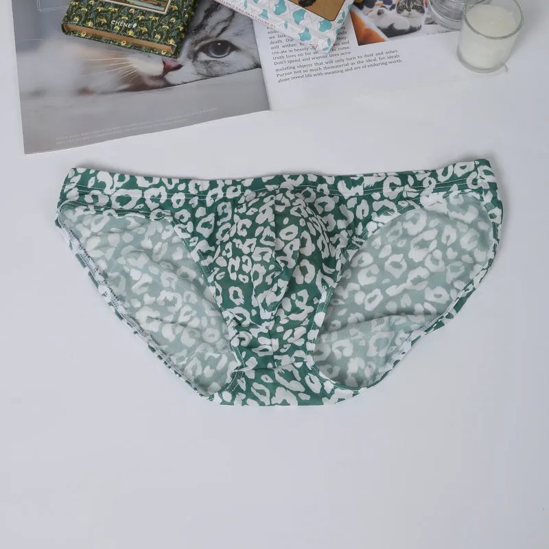 Men Sexy Briefs Underwear Mesh Sheer Ultra-Thin Underpants Big Penis Pouch See Through Panties Leopard Bikini — image 5