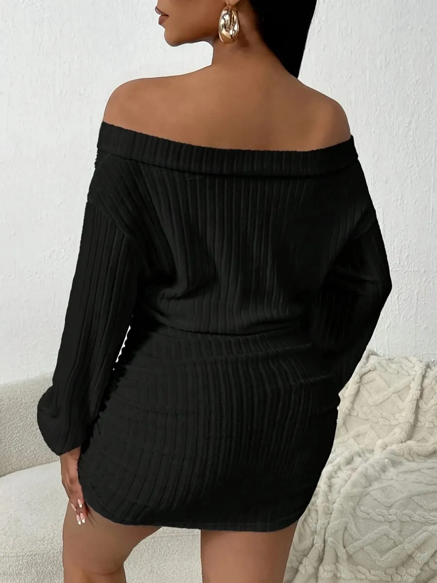 Vestido de malha de manga comprida multifuncional casual de um ombro — image 2