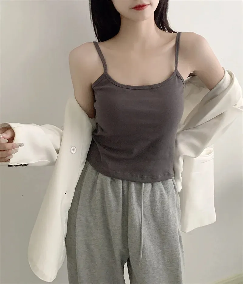 1PC Women's Spaghetti Straps Sleeveless Slim Camisole with Chest Pad Solid Color Sports Comfortable Vests Underwear Summer New — image 12