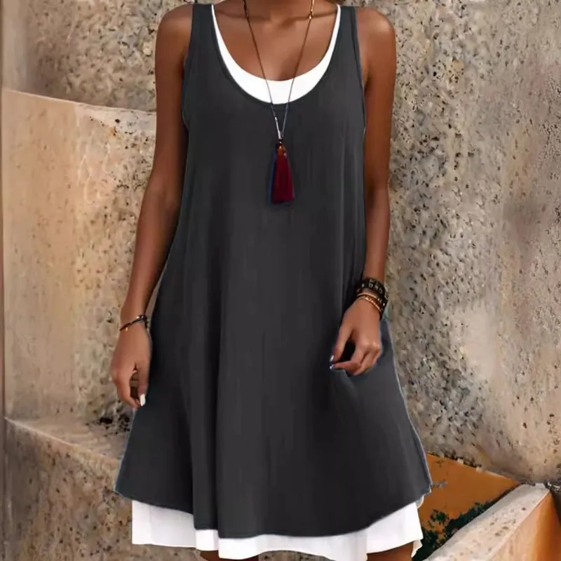 Women's Solid Dress Fashion O Neck Pullover Sleeveless Fake Two Piece Loose Beach Dresses For Women Summmer New Womens Clothing — image 8