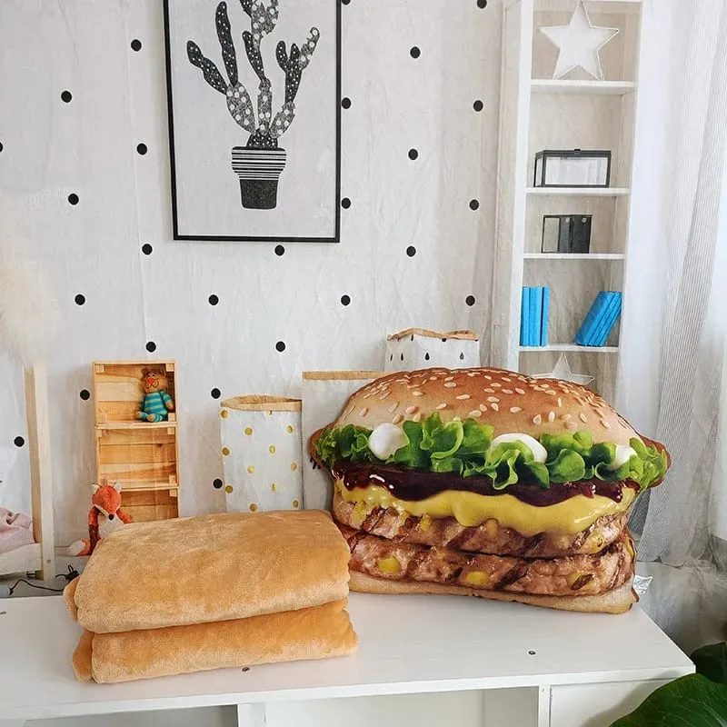 Travesseiro de hambúrguer de pelúcia realista, brinquedo de simulação, travesseiro de lance de hambúrguer de fast food com cobertor, almofada 2 em 1