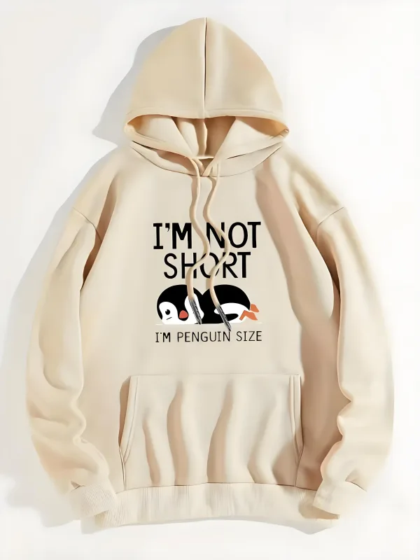 かわいいプリント フード付きスウェットシャツ「I'm Not Short I'm a Penguin」カジュアル ヒップホップ スタイル ユニセックス サイズのペンギン グラフィック スウェットシャツ — image 3