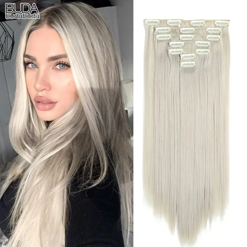 22palcové syntetické dlouhé rovné prodlužování vlasů s klipsem 16 klipů pro ženy falešné falešné vlasy ombre černá blond styling vlasů — image 2