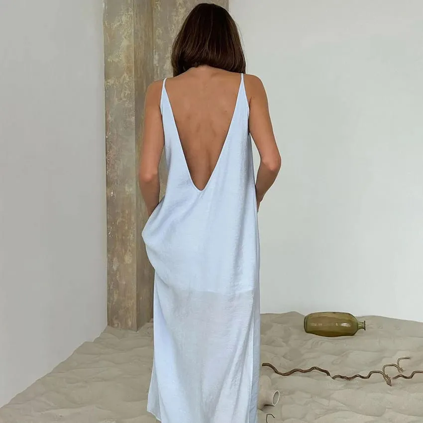 Linad Summer Casual White Long Dress Sexy Loose Backless Split Dresses Woman Street Chic V Neck Straight Dress For Women 2025 — image 4