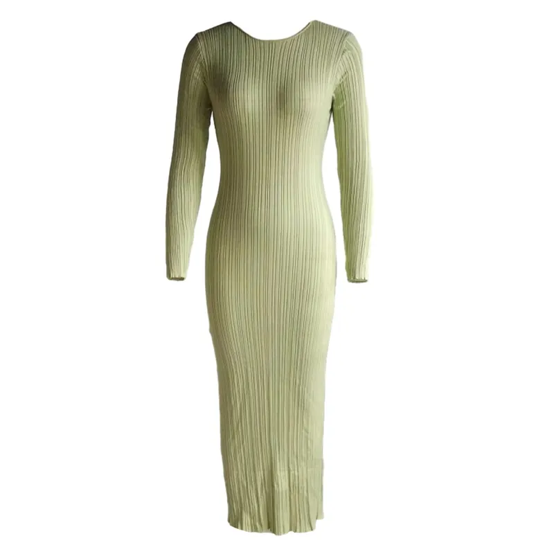 Women Spring Autumn Solid Color Bodycon Knit Dress Long Sleeve Crew Neck Ribbed Dress Slim Fit Long Dress — image 12