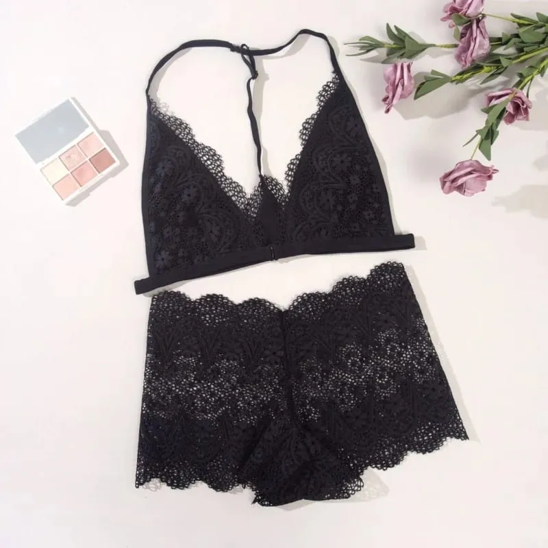Lace Bra Set Women Front Closure Ultra Thin Bralette Push Up Sexy Lingerie Transparent Bra Low Rise Panties Wireless Underwear