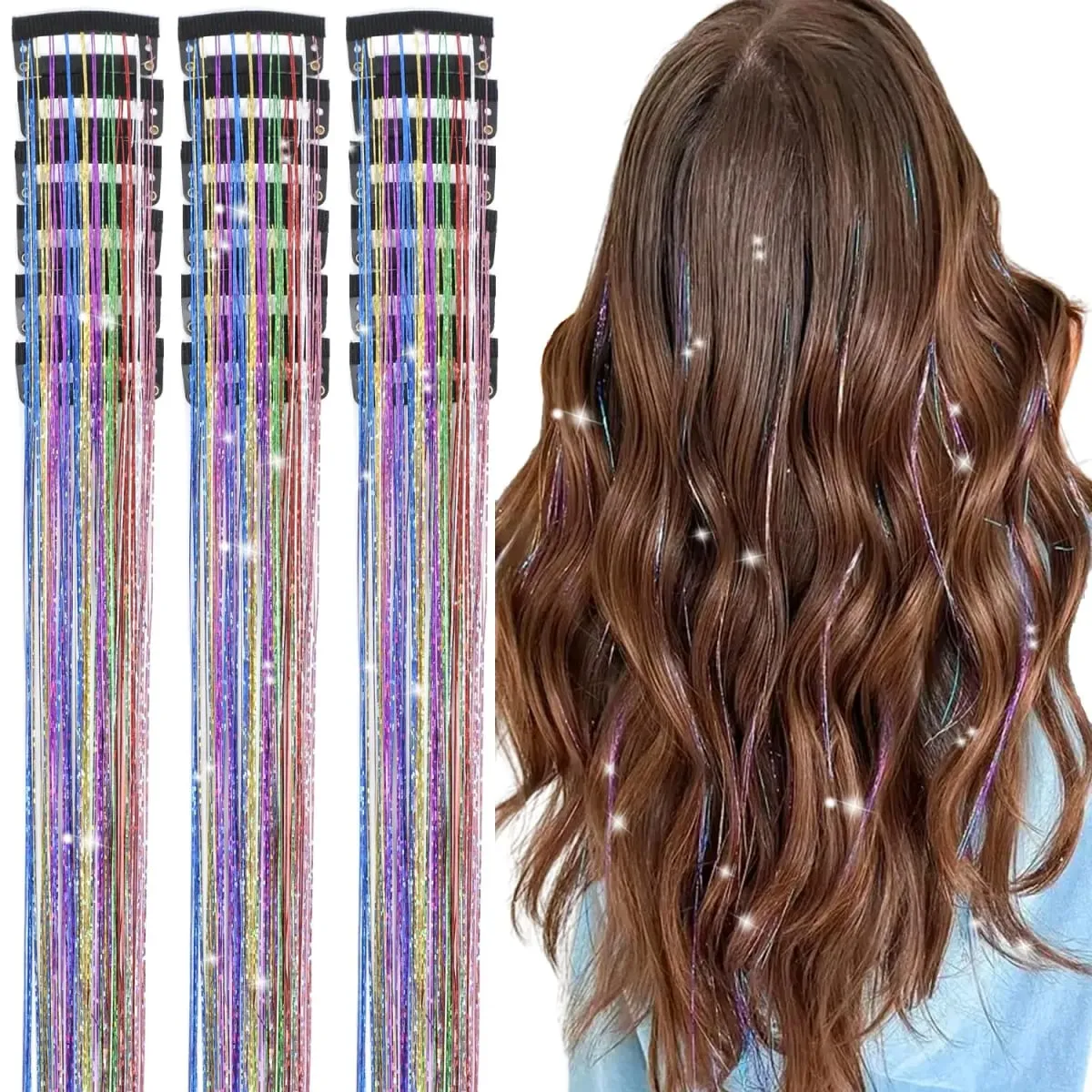 20 Inch Glitter Tinsel Hair Extensions with Clips In 6Pcs/Set Synthetic Clip in Sparkle Fairy Hair Accessories for Women Kids