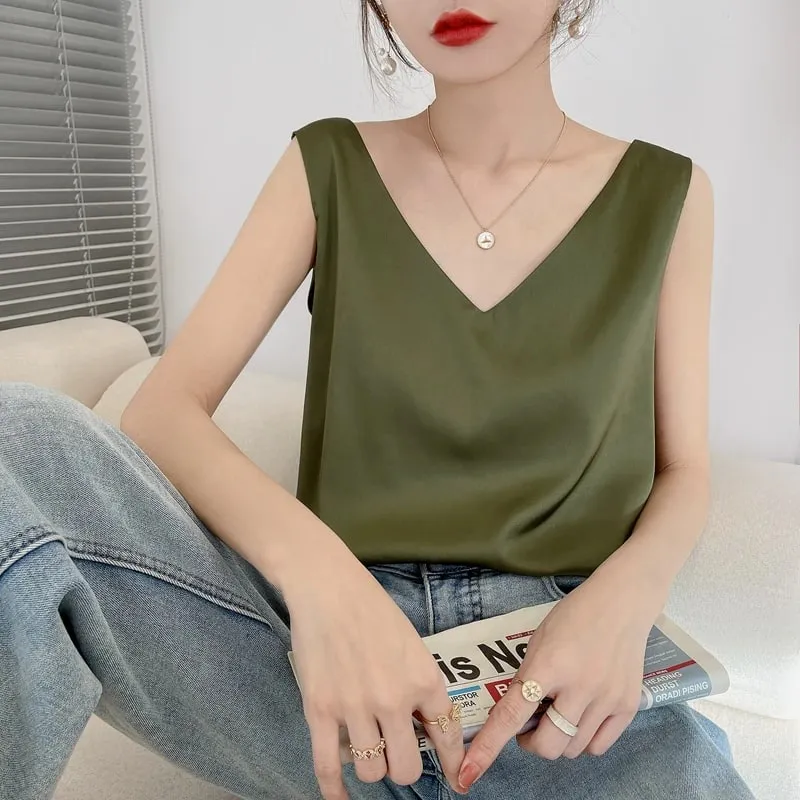 Ladies Silk Suspenders Solid Satin Vest Spring Autumn 2022 New Wild Pullover Tops Women Interior Front/Rear V-Neck Summer Thin — image 4