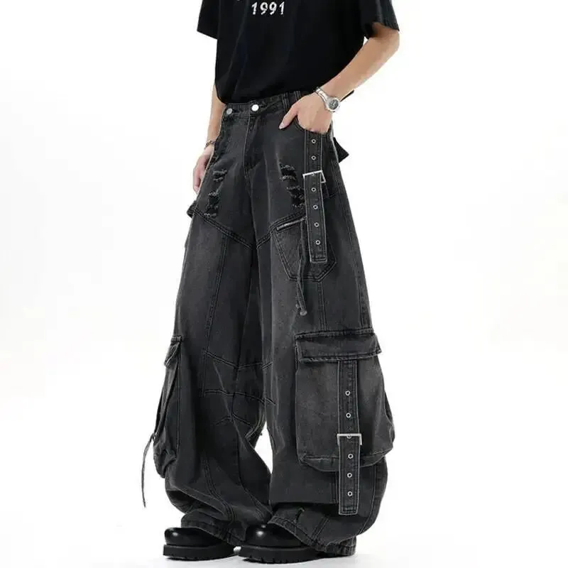 American Style Men's Jeans Solid Color Multi Pockets Casual Worn-out Trousers Deconstruction Wide Leg Denim Pants 9W4066 — image 3