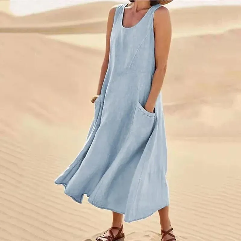 Sleeveless Suspenders Cotton Linen Dress Women Side Double Pocket Splicing Solid Color Dresses Women Summer Casual Commuter Gown — image 12