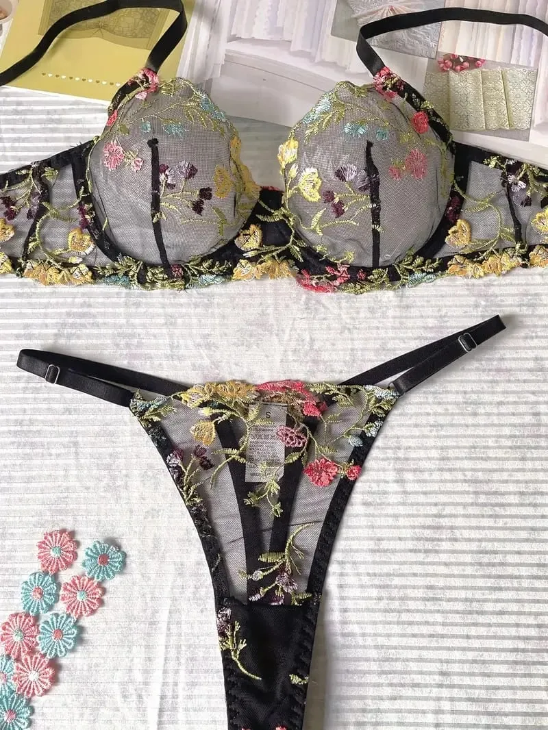 Yimunancy Floral Embroidery Lingerie Set Women Sheer 2-Piece Boho Bra + Panty Underwear Set Intimates — image 2
