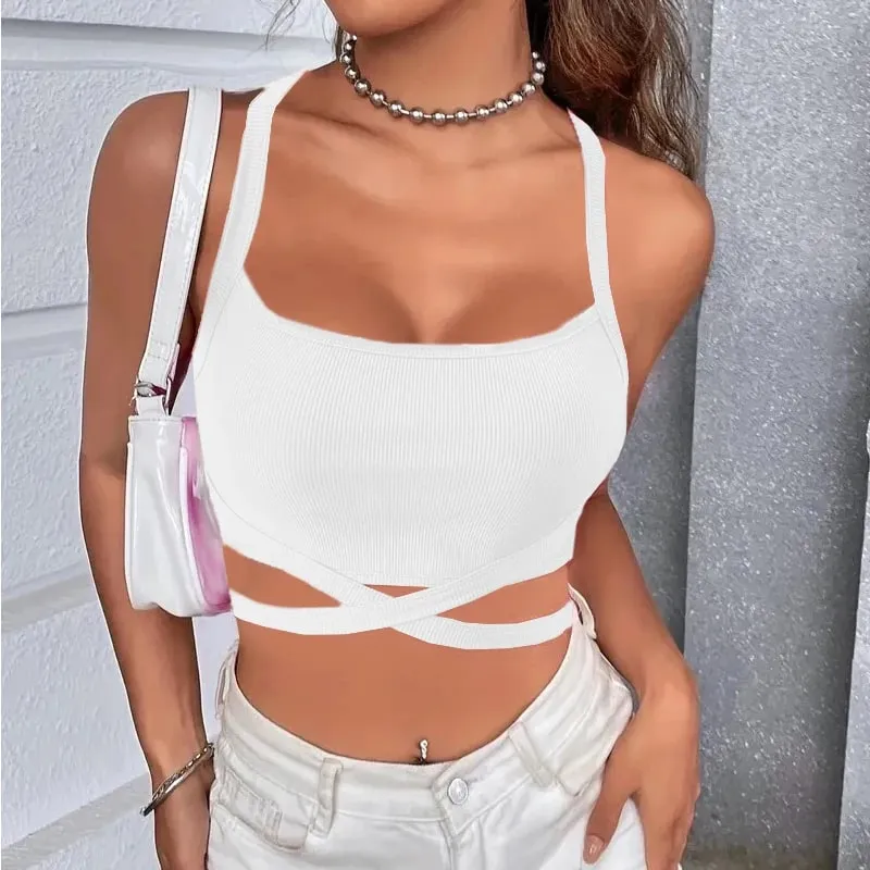 Y2k Women Summer Tank Tops Sexy Solid Color Backless Cross Bandage Crop Tops High Street Wear 2024 Fashion Wine Red Camis Corset — image 6
