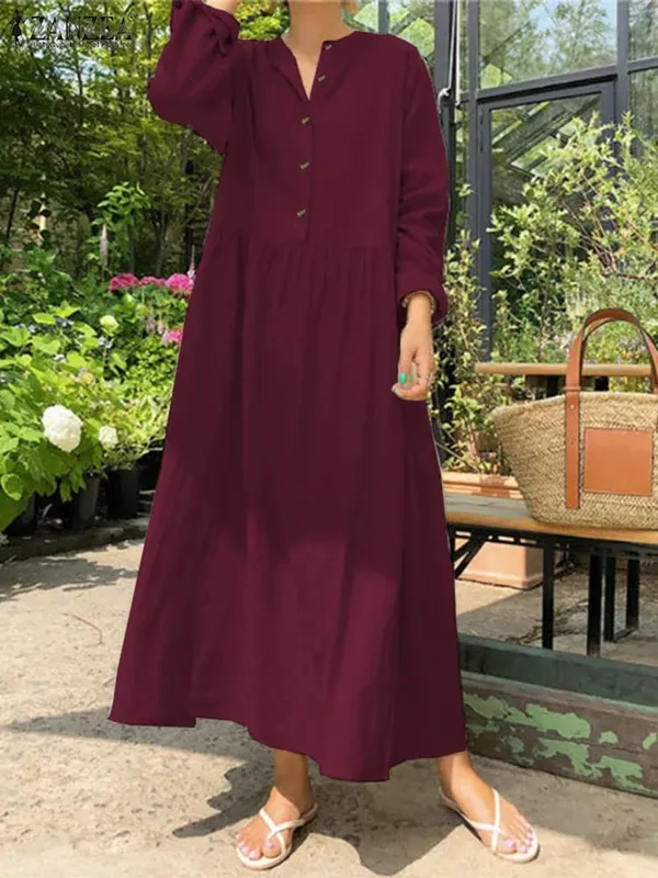 Abito elegante in cotone tinta unita da donna Femme 2022 Abito lungo bohemien primavera autunno ZANZEA Abiti casual a maniche lunghe oversize