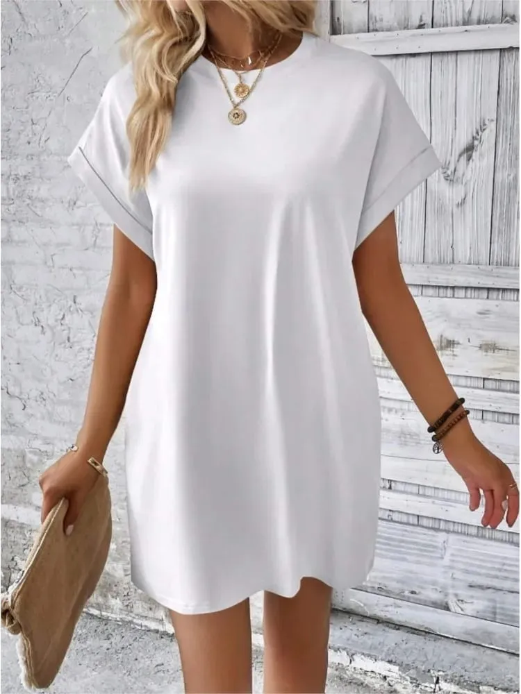 Fashion Boho Resort Style Beach Dresses For Women 2024 New Summer Solid Color O Neck Loose Short Sleeve Pocket Mini Dress Femme — image 4