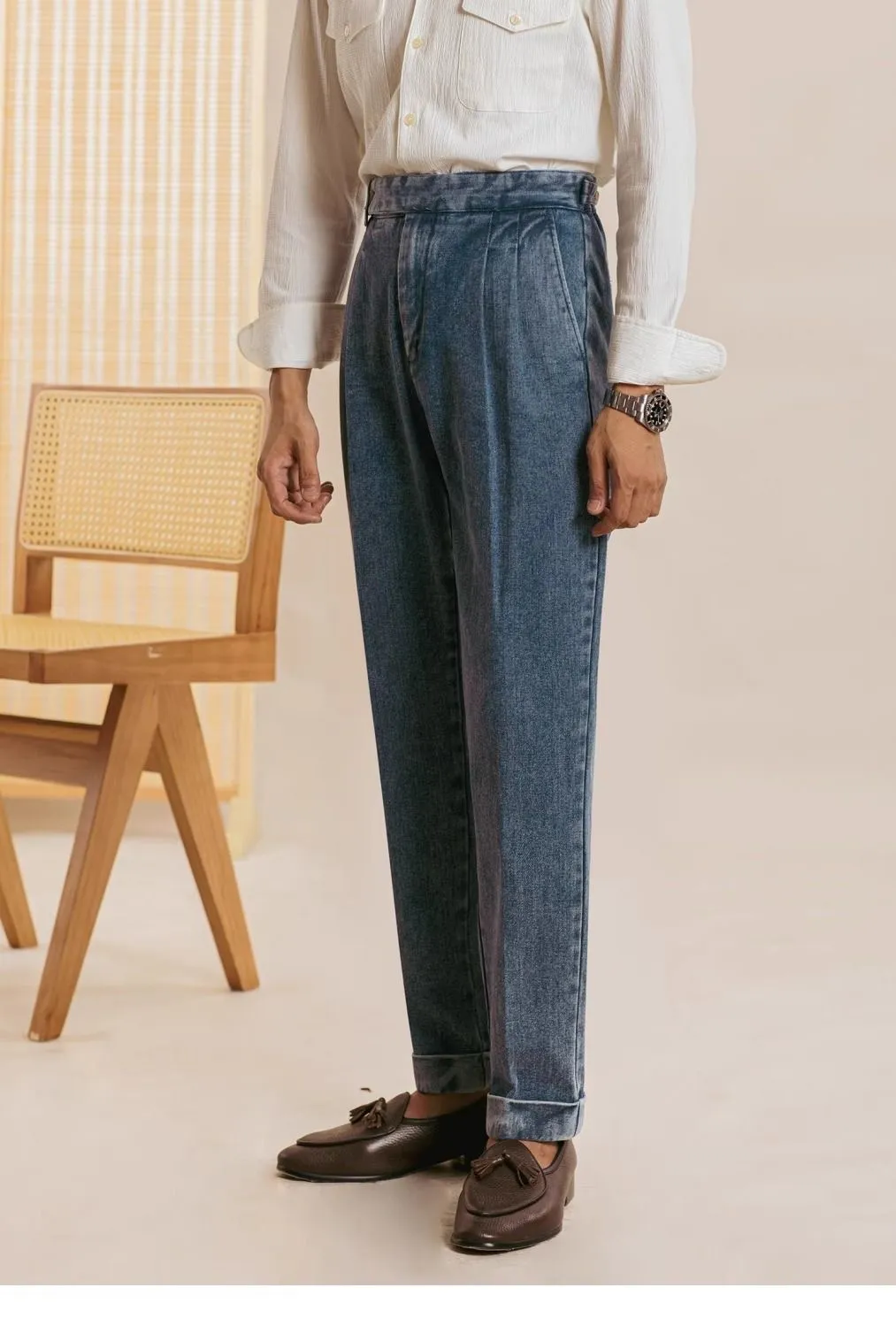 Double Pleat Jeans Men Naples Pants Wash Cotton Loose Straight Trousers Spring Autumn Fashion England High Waisted Denim Pant — image 5