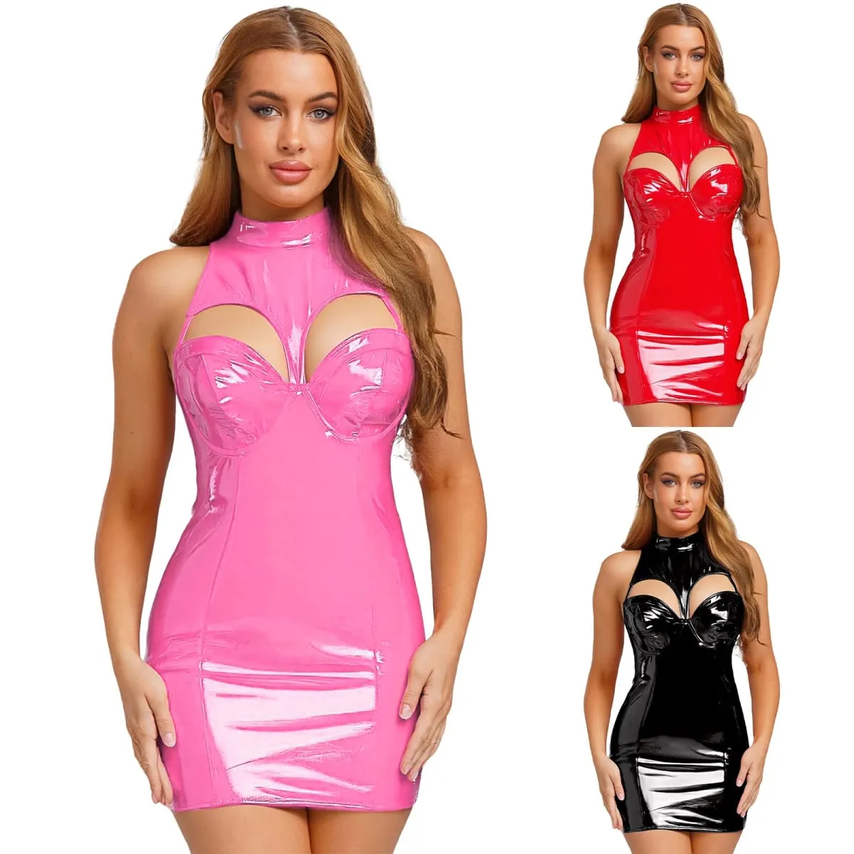 Minivestido feminino de couro pu com aparência molhada, gola simulada, sem mangas, sutiã push-up, bodycon, vestido tubo, roupa de balada para festas raves
