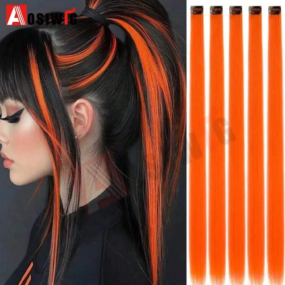 5PC Synthetic Feather Hair Extensions With Clips Heat Resistant Straight Hair Extensions Color Colored Black Hair Clip Womens 8G — image 25