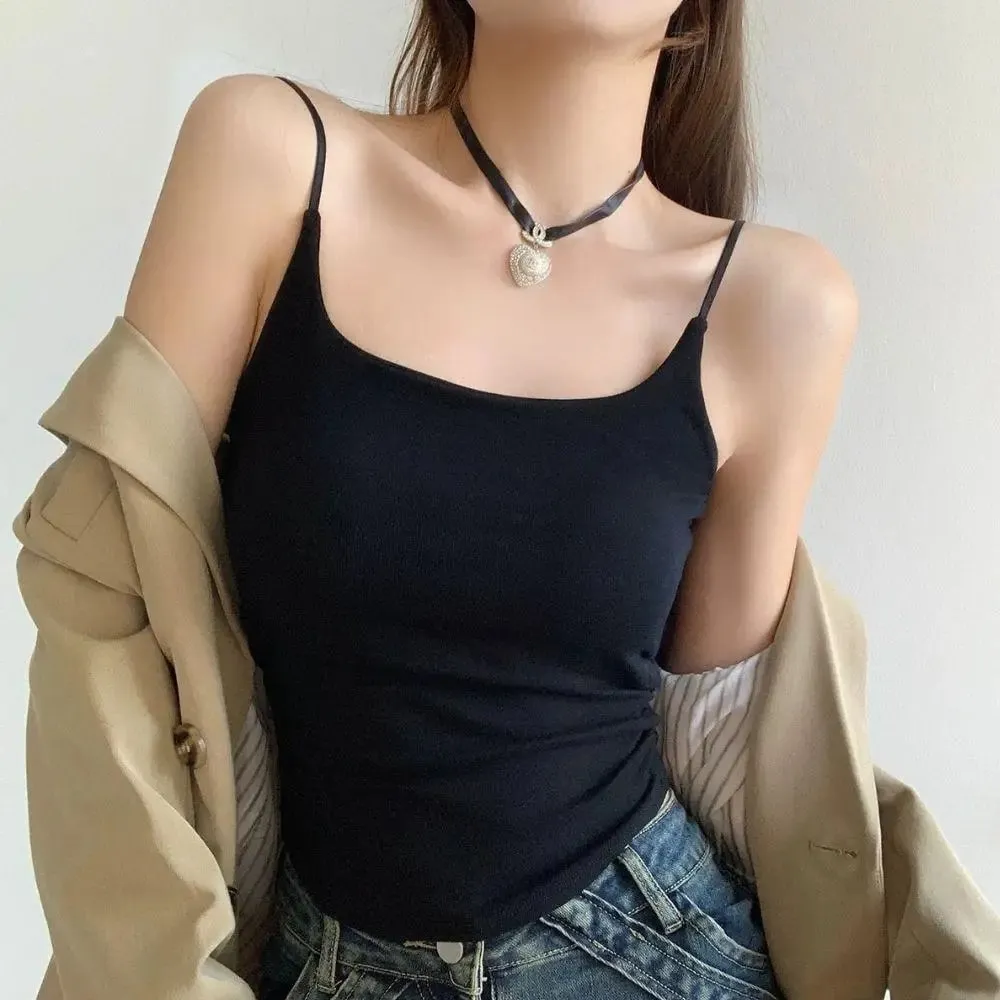 Women's Solid Color Spaghetti Straps Sleeveless Slim Camisole With Chest Pad Fashion Women Summer Top Wearing Inside And Outside
