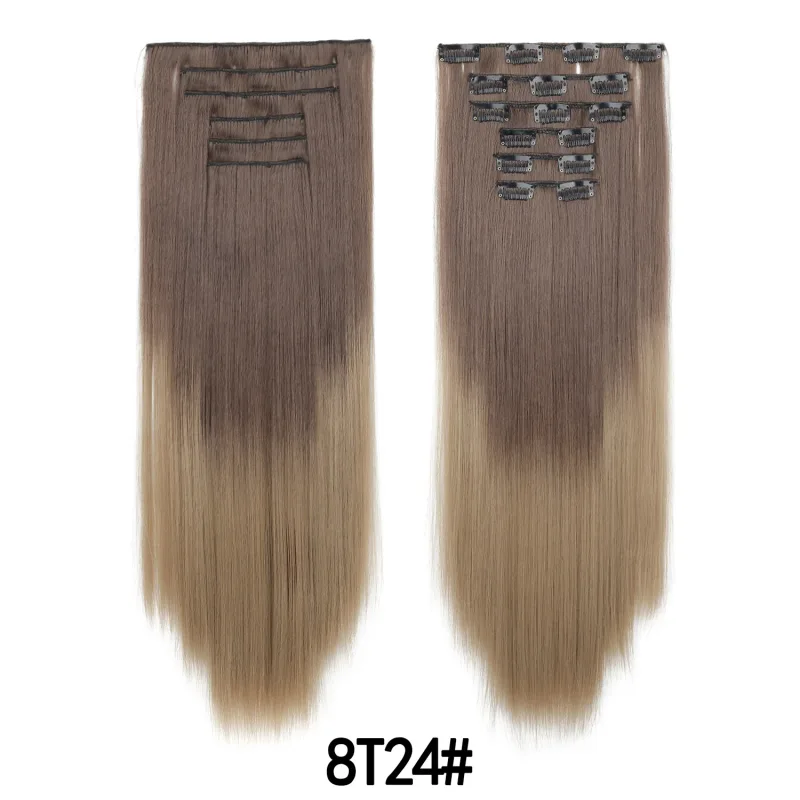 6 ks 24palcových Ombre Color Clip-in prodloužení vlasů Dlouhé syntetické rovné příčesky Vrstvené měkké neviditelné Clip In prodloužení — image 10