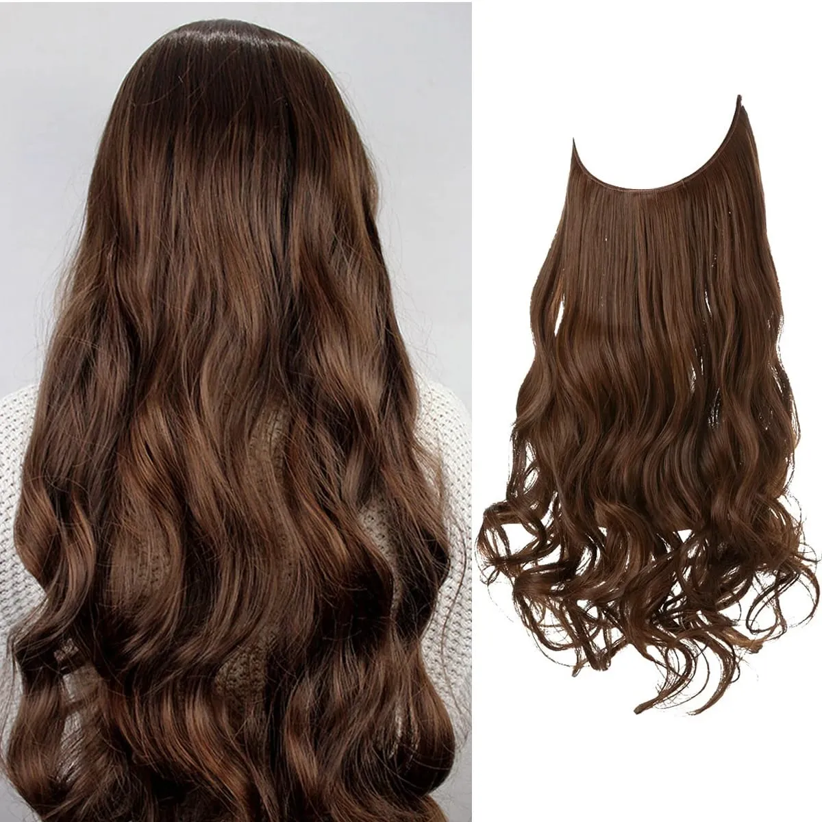 Nice Premium Synthetic Invisible Wire With Clip In Hair Extensions Daily Use Hairpieces Long Brown Natural Wavy Fake Hair piece — image 10