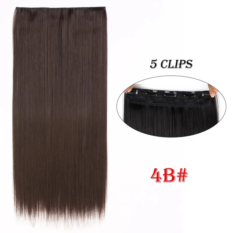One Piece Clip In Hair Extensions 24" Straight Thick Synthetic Clip In Hairpieces Highlights Black Brown Soft For Women Daily