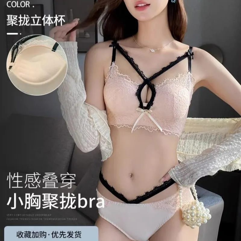 Japanese Kawaii Lace Bralette Set - Crisscross Straps Push-Up for Small Bust Wire-Free Cutout Bra Enhancer & Sexy Gather Effect — image 10