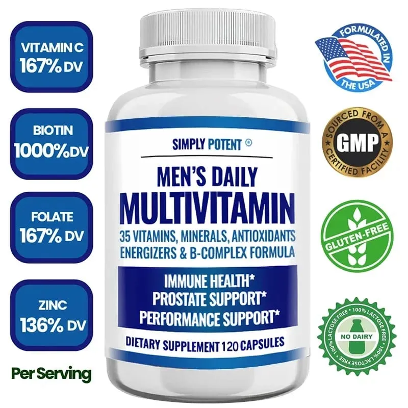 Daily Multivitamin for Men for Prostate Energy Concentration Metabolism Immunity Vitamins: A C D E (B1 B2 B3 B5 B6 B7 B9 B12)
