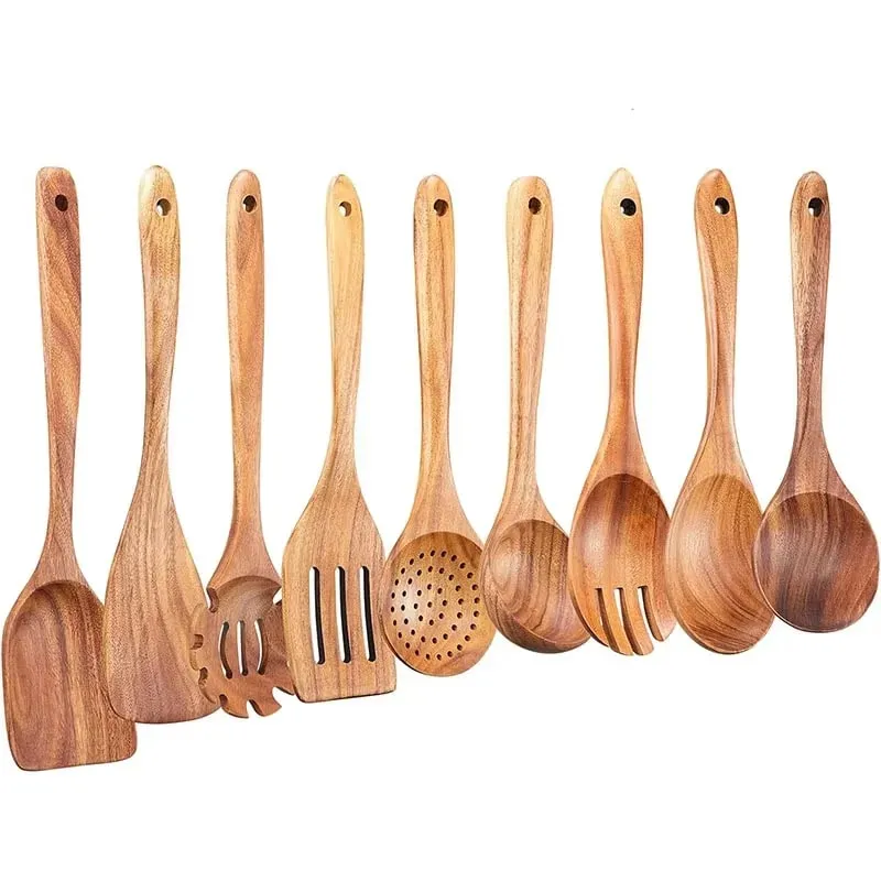 10 Pack Natural Teak Wooden Kitchen Utensil Set Wooden Spoons Spatula Cooking Utensil Set For Cooking Baking JT503
