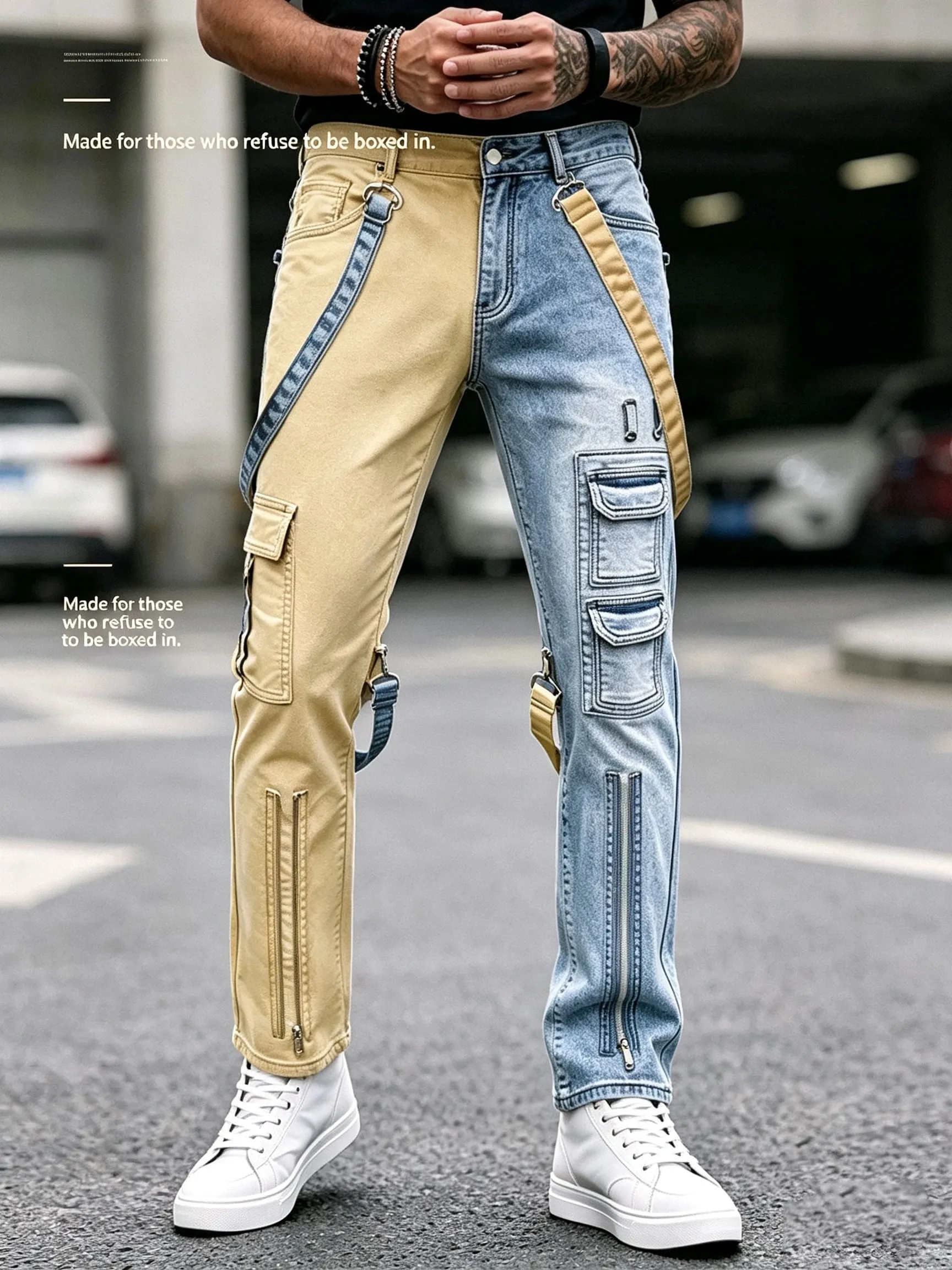 Y2K Jeans for Men Techwear Retro Cargo Pants Flared Bootcut Jeans Contrast Color Splicing Strap Streetwear Denim Trousers — image 1