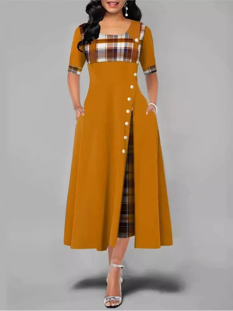 Women's Irregular Lattice Patchwork Long Dresses Vintage Buttons O Neck Half Sleeves Casual Lady Commuting Dress Fashion — image 3